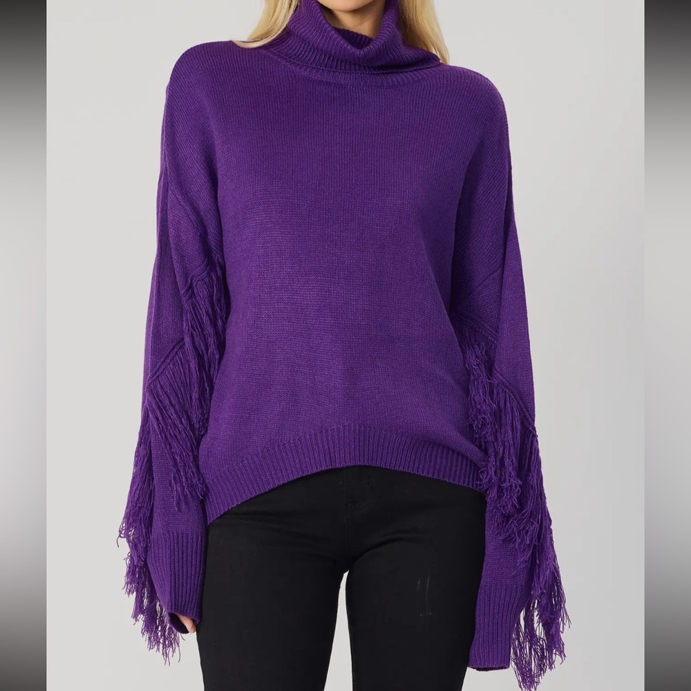 ShopEvelynne Vibrant Purple Turtleneck Sweater with Fringe
